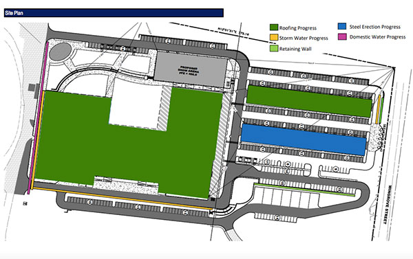 Color-coded progress schematic of construction